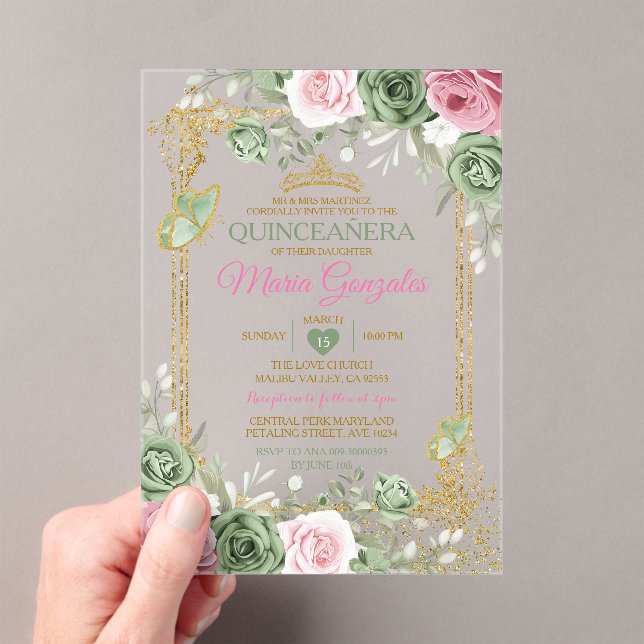 Invitations En Acrylique Sage Green Quinceañera Pink Gold Crown Butterfly (In situ (ordinateur de poche))