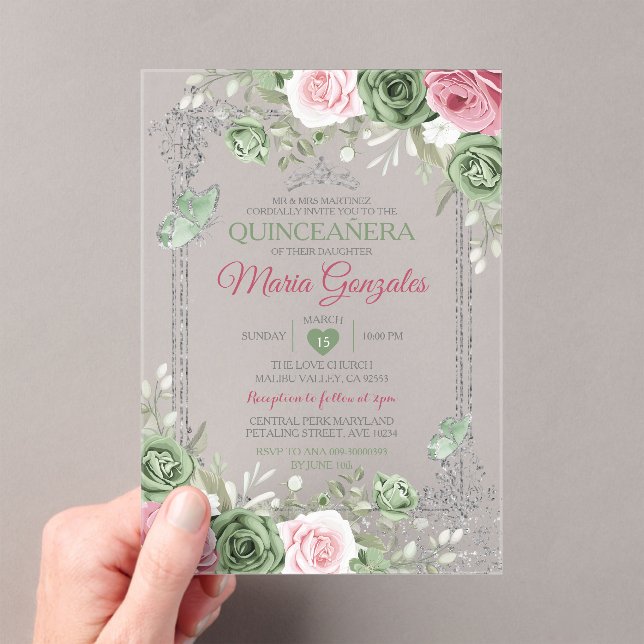 Invitations En Acrylique Sage Green Quinceañera Pink Silver Crown Papillon (In situ (ordinateur de poche))
