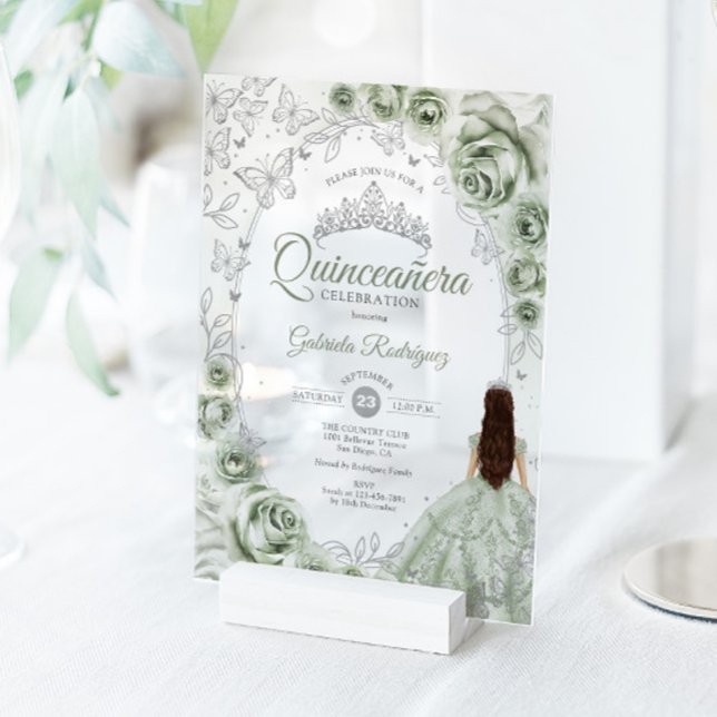 Invitations En Acrylique Sage Green Silver Floral Quinceanera (Créateur téléchargé)