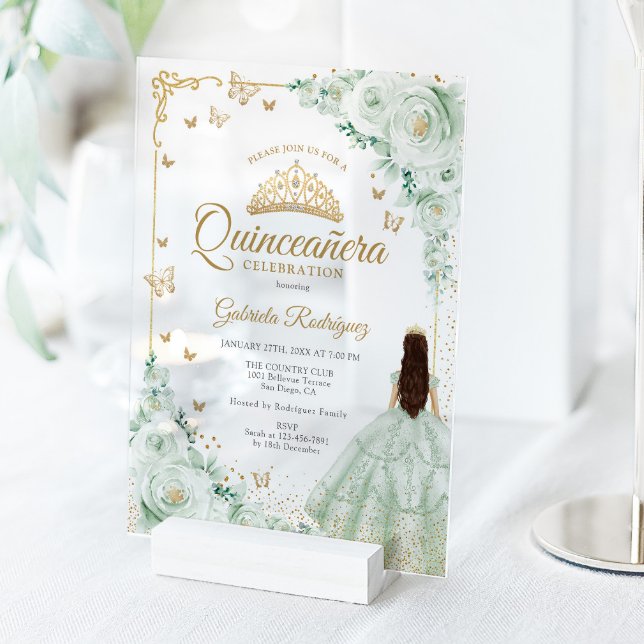 Invitations En Acrylique Sage Green Watercolor Roses Gold Quinceanera (Créateur téléchargé)