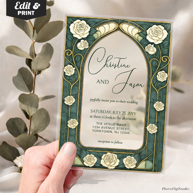Invitations En Acrylique Sage Stained Glass Floral Art Nouveau Wedding  (Custom Sage Stained Glass Floral Art Nouveau Wedding Acrylic Invitations)