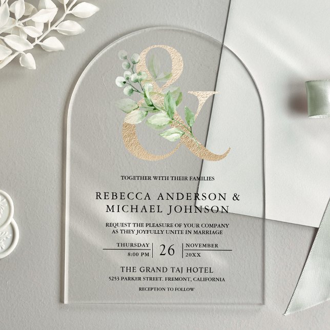 Invitations En Acrylique Sage verdure or ampersand de mariage doré (Créateur téléchargé)