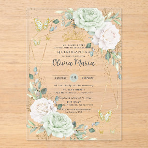 Invitations En Acrylique Sage Vert & Fleurs Blanches Papillons Quinceanera