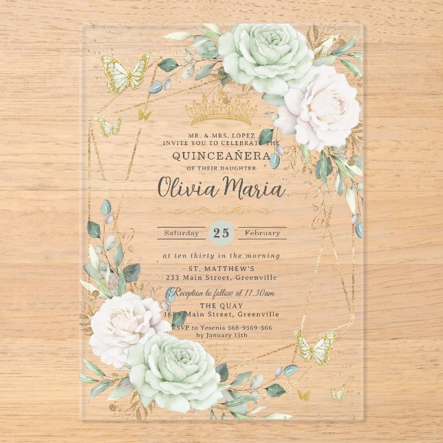 Invitations En Acrylique Sage Vert & Fleurs Blanches Papillons Quinceanera (Recto)