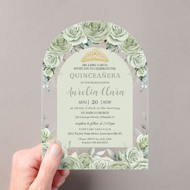 Invitations En Acrylique Sage Vert Floral Arc Moderne Or Quinceanera (In situ (ordinateur de poche))