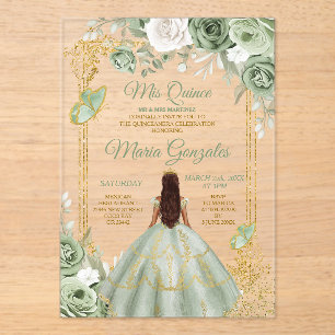 Invitations En Acrylique Sage Vert Floral Papillon Gold Frame Mis Quince
