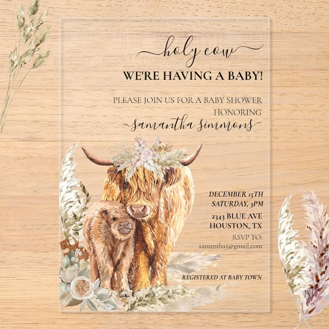 Invitations En Acrylique Saint-Vache Highland Calf Baby shower Boho (Créateur téléchargé)