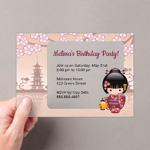 Invitations En Acrylique Sakura Kokeshi Fenêtre transparente Anniversaire B