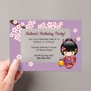 Invitations En Acrylique Sakura Kokeshi fenêtre transparente Anniversaire v