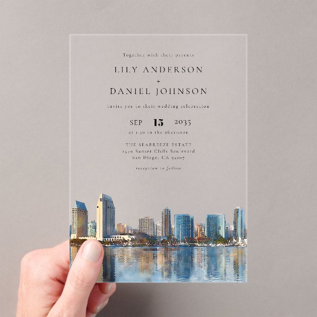 Invitations En Acrylique San Diego Skyline Watercolor Destination Wedding (In situ (ordinateur de poche))