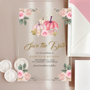 Invitations En Acrylique Sauve le Date de Mariage Floral Citrouille Or Rose