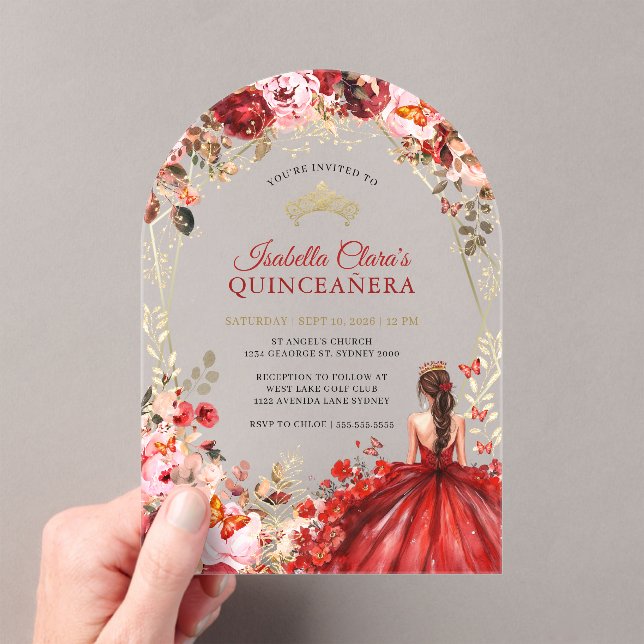 Invitations En Acrylique Scarlet Elegance Gold Enchanted Floral Quinceanera (In situ (ordinateur de poche))