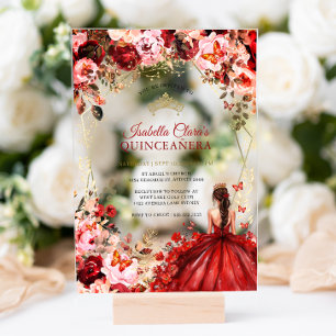 Invitations En Acrylique Scarlet Elegance Gold Enchantée Quinceanera Floral