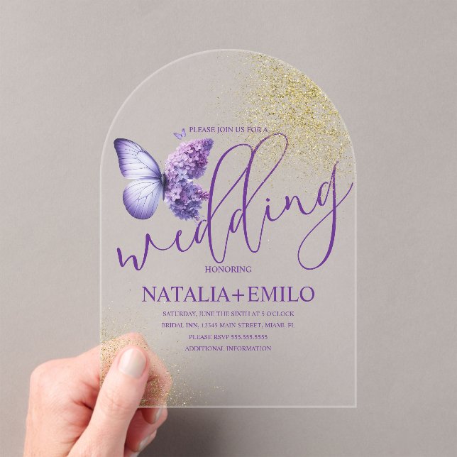 Invitations En Acrylique Script de papillon violet moderne Mariage minimal (In situ (ordinateur de poche))