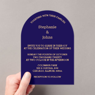Invitations En Acrylique Script en or bleu foncé minimaliste Mariage modern