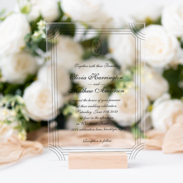 Invitations En Acrylique Script formel avec Mariage de monogramme de cadre  (Créateur téléchargé)
