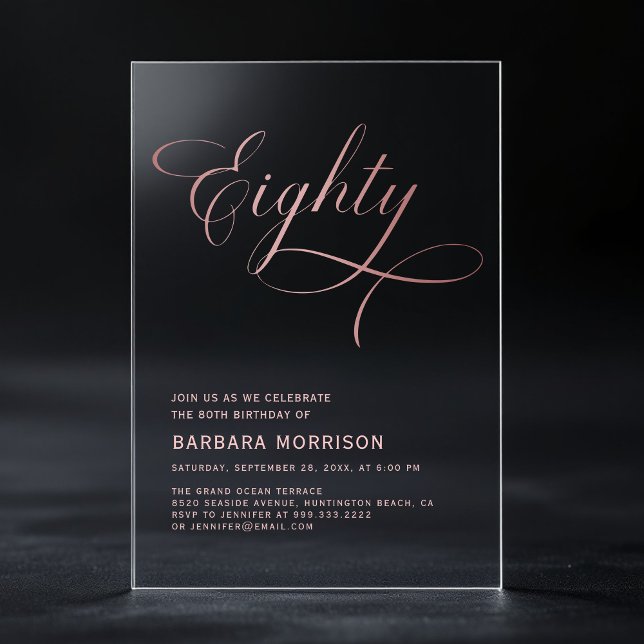 Invitations En Acrylique Script Huitième Rose noir or 80e anniversaire (Créateur téléchargé)