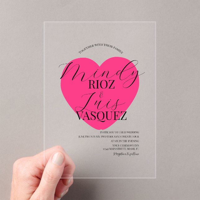 Invitations En Acrylique Script Mariage moderne Coeur rose noir (In situ (ordinateur de poche))