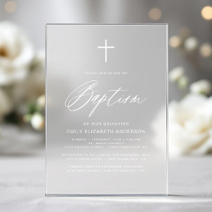 Invitations En Acrylique Script minimaliste Baptême blanc