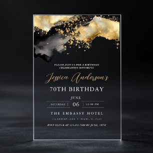 Invitations En Acrylique Script minimaliste noir et or 70e anniversaire
