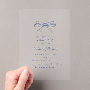 Invitations En Acrylique Script moderne Coquette Bow Fête des mariées bleue
