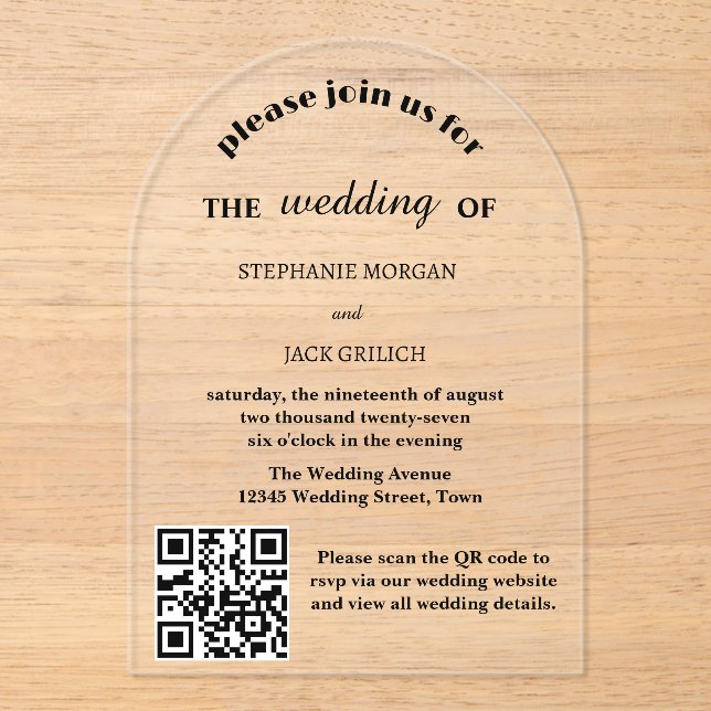 Invitations En Acrylique Script moderne élégant QR Code Mariage budget (Recto)