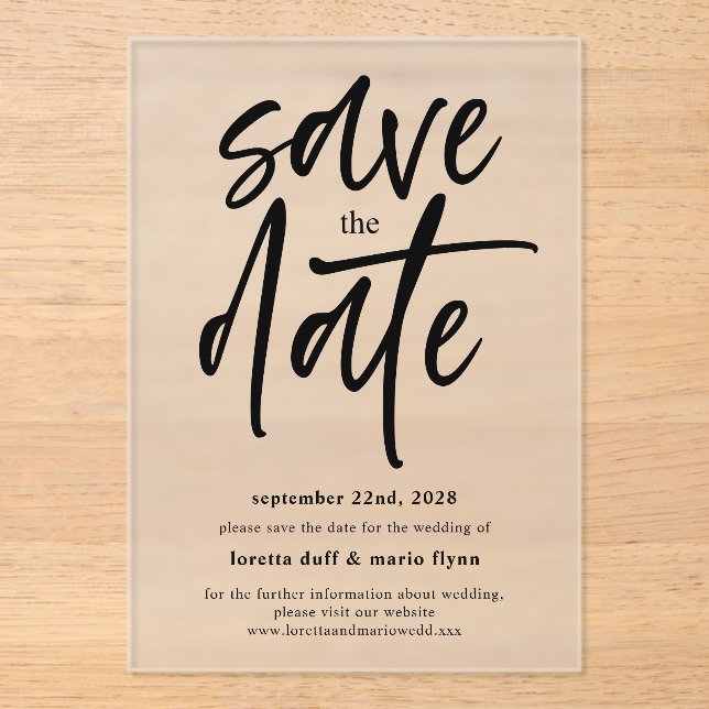 Invitations En Acrylique Script moderne Enregistrer la date Frosted (Recto)