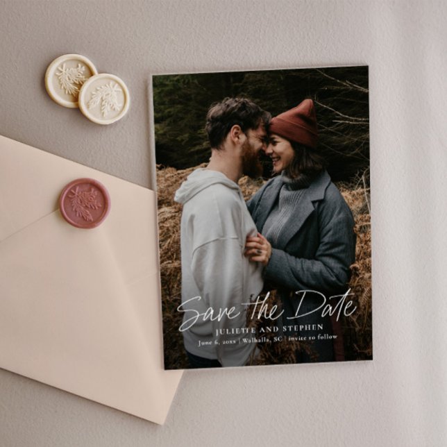 Invitations En Acrylique Script moderne Photo Mariage simple Enregistrer la (Modern script acrylic photo wedding save the date.)