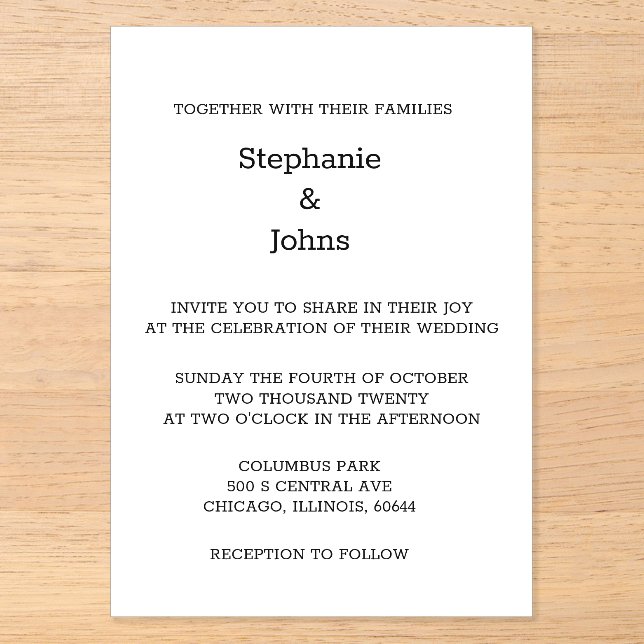 Invitations En Acrylique Script Simple Mariage Élégant Noir Blanc (Recto)
