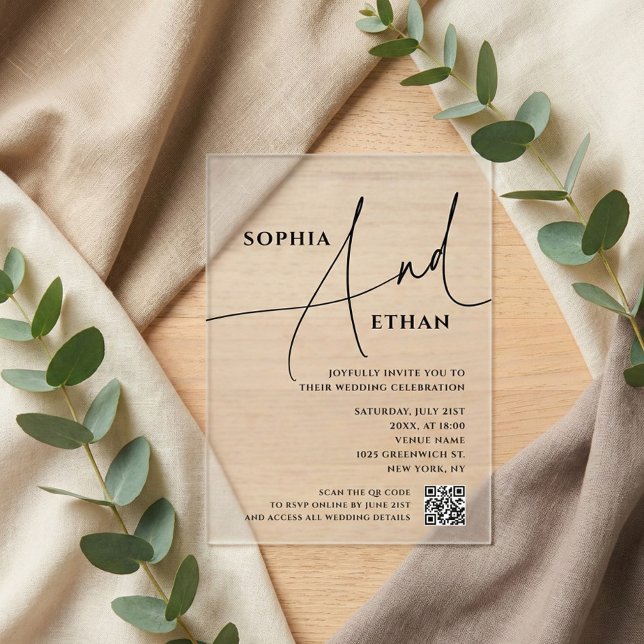 Invitations En Acrylique Script Typography Minimalist QR Code Wedding (Créateur téléchargé)