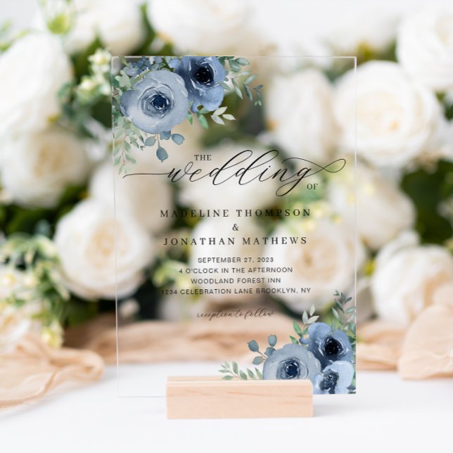 Invitations En Acrylique Script Whimsical Floral Dusty Blue Mariage (Créateur téléchargé)