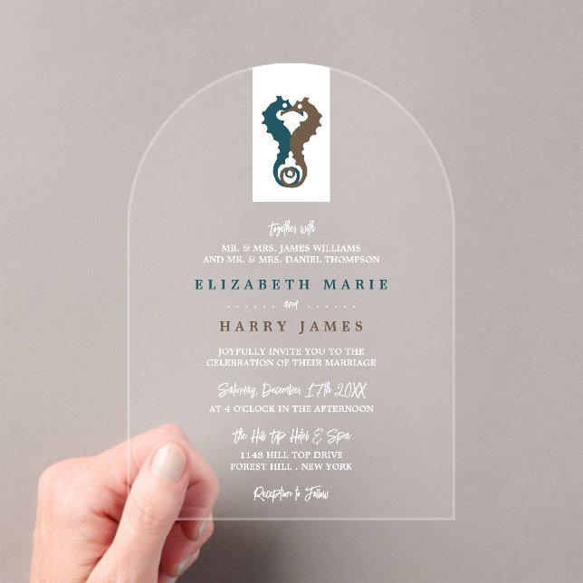 Invitations En Acrylique Seahorse Romance, Beach Wedding (In situ (ordinateur de poche))