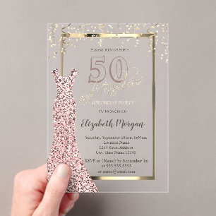 Invitations En Acrylique Sequins Robe Rose Or 50e Anniversaire