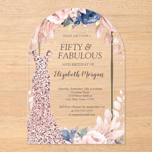 Invitations En Acrylique Sequins Robe Rose Or Floral 50e anniversaire (Recto)