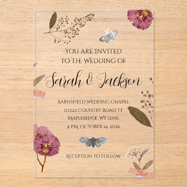 Invitations En Acrylique Shabby Chic Mariage Pressé Fleurs Mariage Invitati (Recto)
