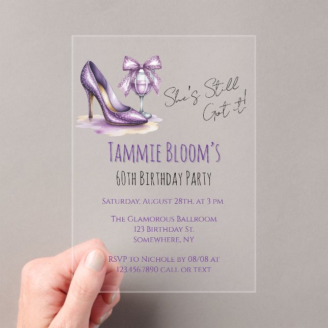 Invitations En Acrylique She’s Still Got It Purple High Heel Birthday Party (In situ (ordinateur de poche))