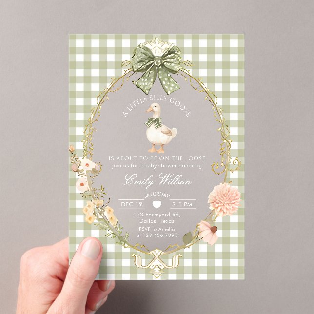 Invitations En Acrylique Silly Goose Green Gingham Baby Shower (In situ (ordinateur de poche))
