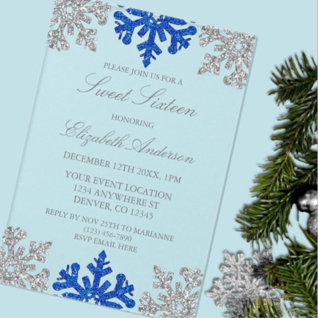Invitations En Acrylique Silver Blue Snowflake hiver Sweet 16 (Créateur téléchargé)