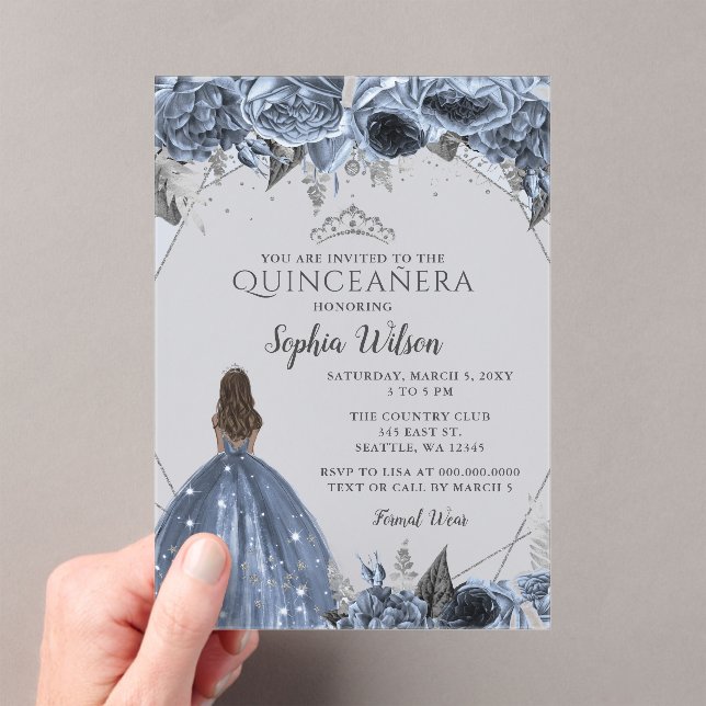Invitations En Acrylique Silver Dusty Blue Floral Princesse Quinceañera (In situ (ordinateur de poche))