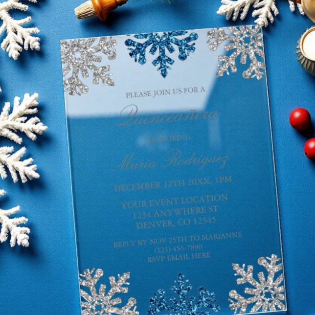 Invitations En Acrylique Silver Navy Blue Snowflake Winter Quinceanera (Créateur téléchargé)