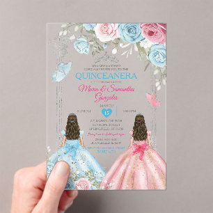 Invitations En Acrylique Silver rose & Pastel Blue Butterfly Quinceañera