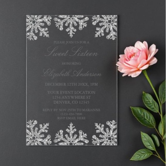 Invitations En Acrylique Silver Snowflake Winter Sweet 16 (Créateur téléchargé)