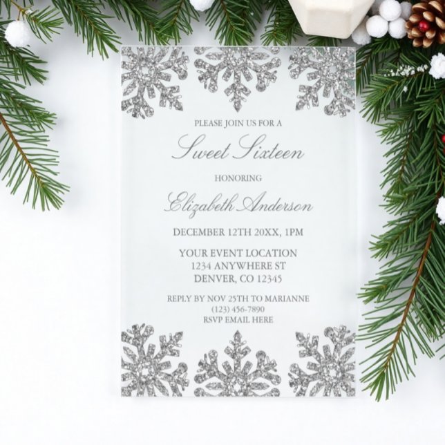 Invitations En Acrylique Silver Snowflake Winter Sweet 16 (Créateur téléchargé)