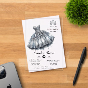 Invitations En Acrylique Silver Sweet15 QUINCEANERA Robe Diamond Papillon