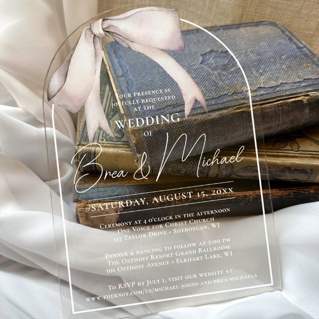 Invitations En Acrylique Simple aquarelle blanc Bow élégant Mariage d'arc (Vintage watercolor white bow simple elegant script typography arch acrylic unique wedding invitation)