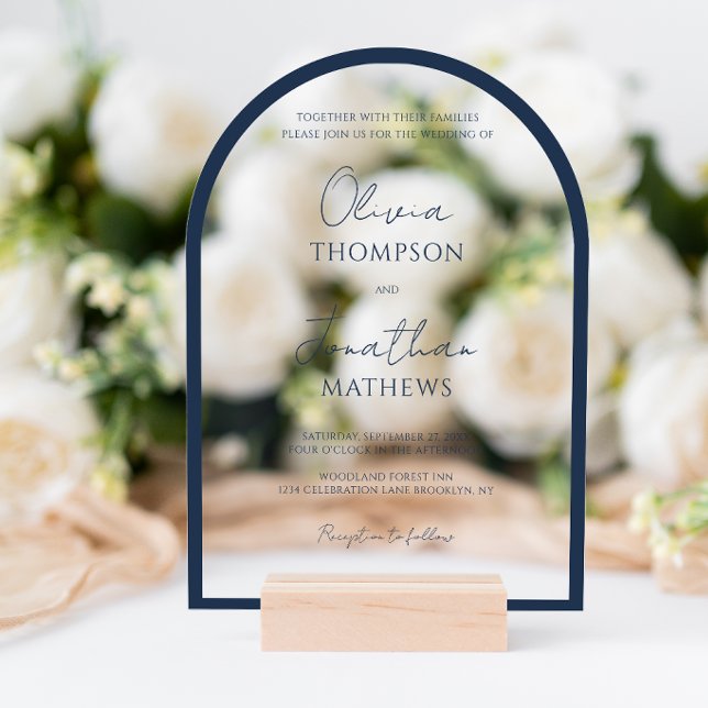 Invitations En Acrylique Simple Arche de mariage à bordure bleu marine (Créateur téléchargé)