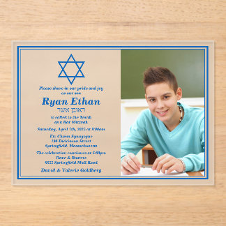 Invitations En Acrylique Simple Blue Star de David Photo Bar Mitzvah