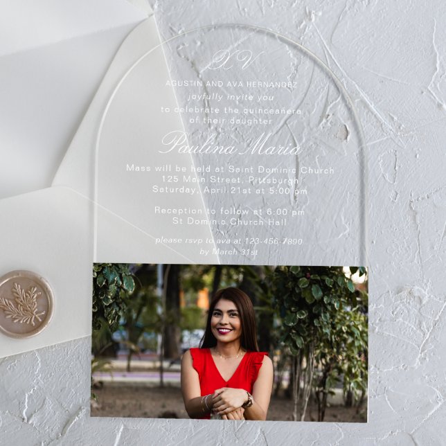 Invitations En Acrylique Simple Classique Script XV Photo Quinceañera (Créateur téléchargé)