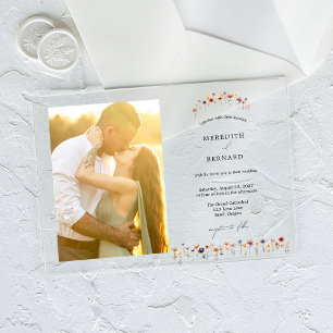 Invitations En Acrylique Simple couleur Mariage floral photo horizontale