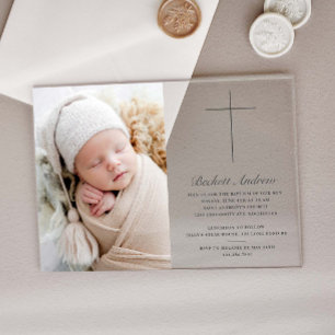 Invitations En Acrylique Simple Croix d'Or Script Photo Baptême